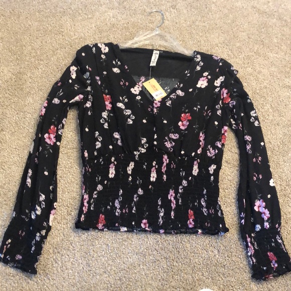 American Rag Tops - Chiffon black top with floral and cinched waist